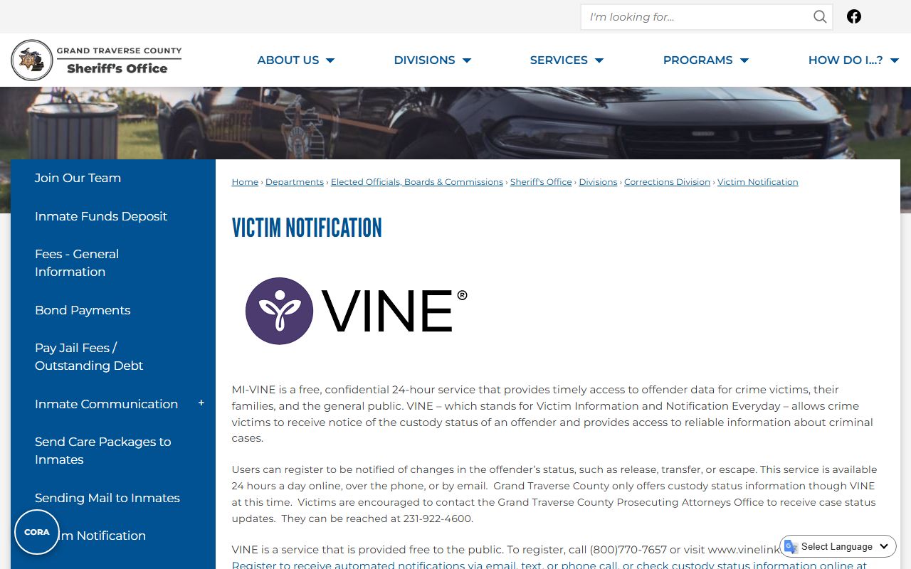 Grand Traverse County inmate population MI-VINE custody search