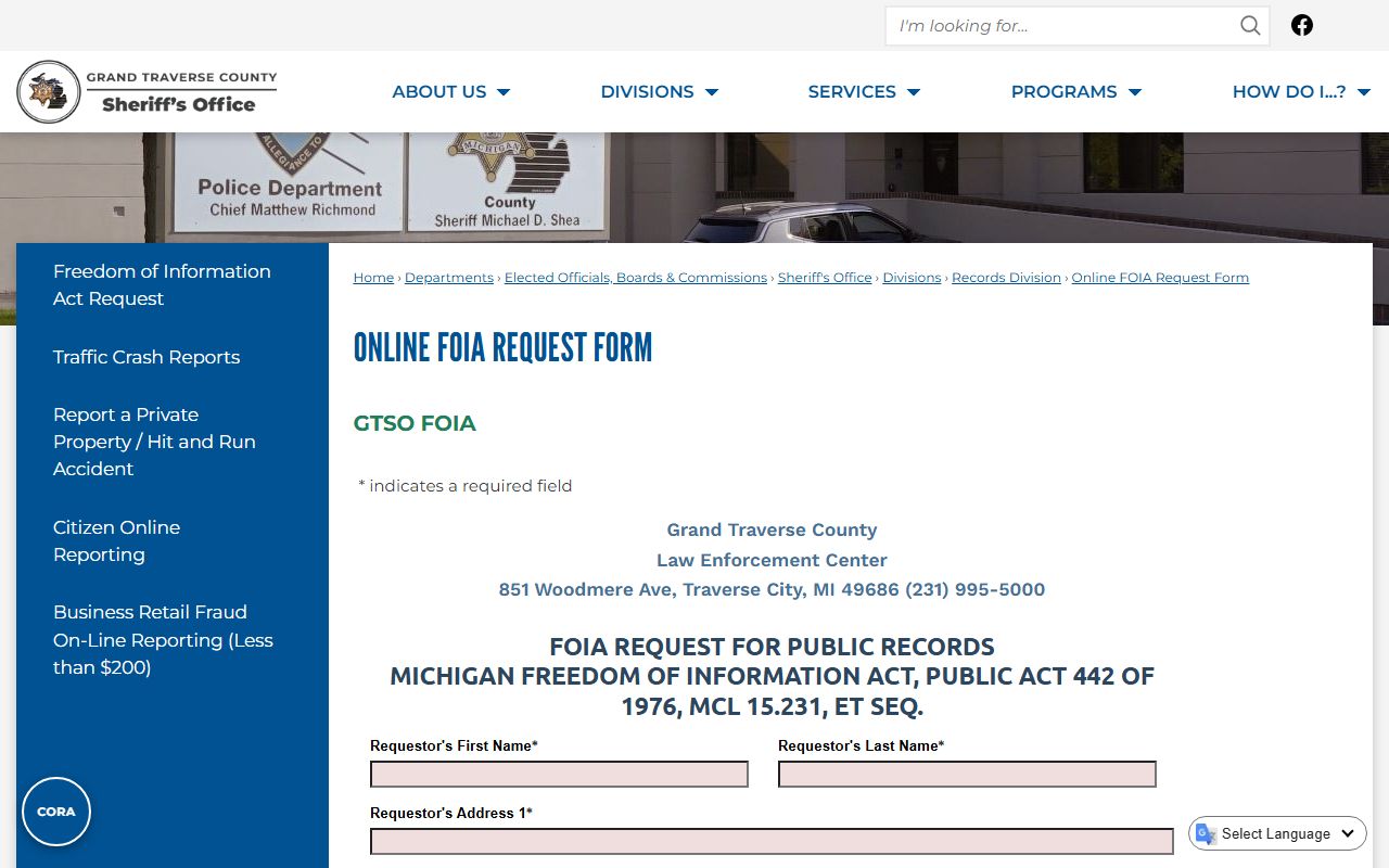 Grand Traverse County jail mugshots sheriff FOIA request form